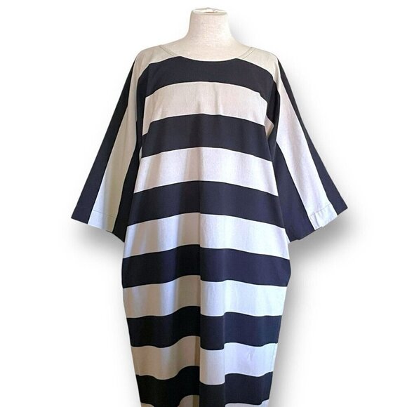 Vintage Vuokko Nurmesniemi Womens Dress Sz Medium Taupe Black Stripe Minimalist - Picture 2 of 8